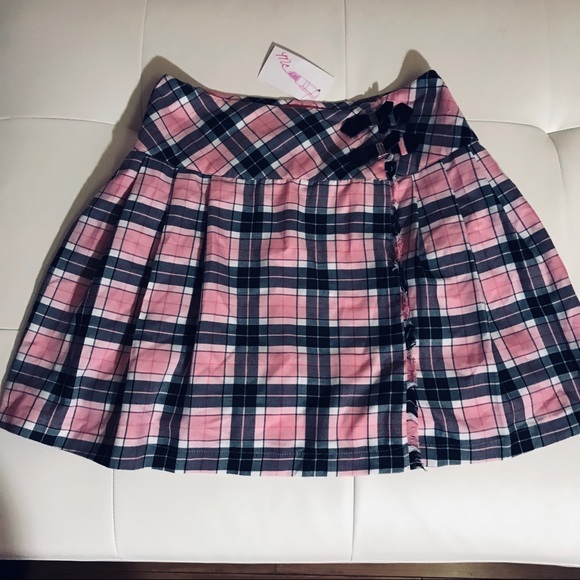 Betsey Johnson pink black pleated mini skirt catholic school girl plaid gingham